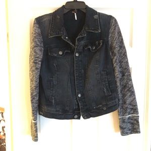 Free People Black Denim Jean Knit Sleeve Jacket
